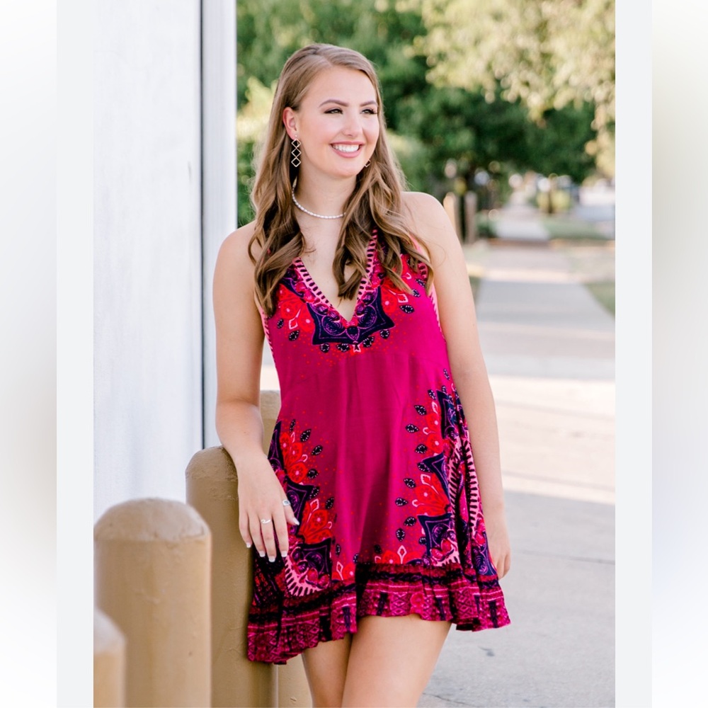 Free People Red Blue Flower Print Mini Halter Dress Size M